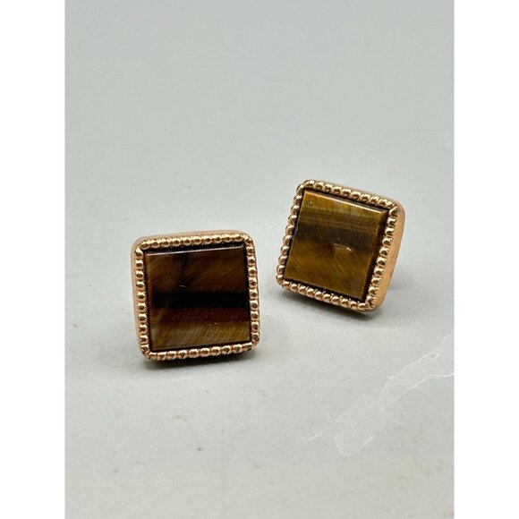 Older Vintage Tigers Eye Square Cufflinks Brown Stone Men Formal Accessory - Picture 2 of 6